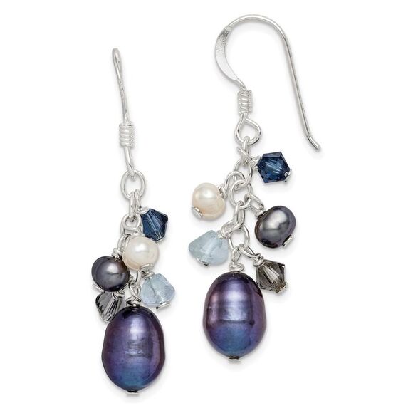 Silver Blue Black Crystal Black White Freshwater Cultured Pearl Dangle Earrings